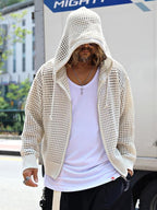 Men's Korean Style Hollow-Out Hooded Cardigan – Oversized Zip-Up Knit Jacket
