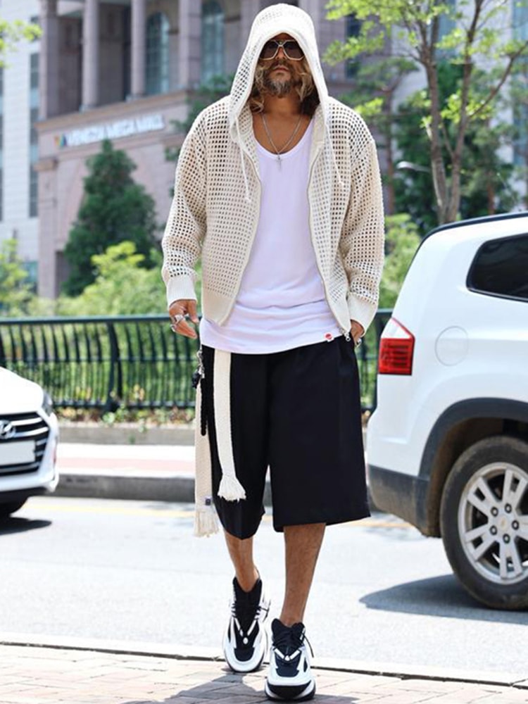 Men's Korean Style Hollow-Out Hooded Cardigan – Oversized Zip-Up Knit Jacket