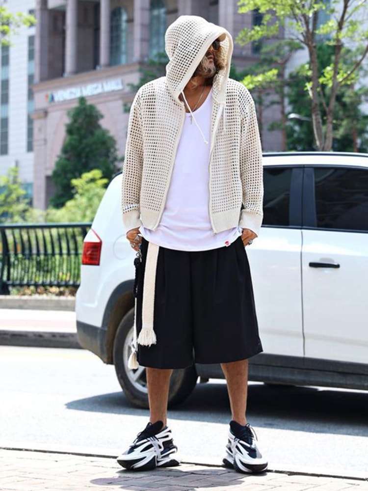 Men's Korean Style Hollow-Out Hooded Cardigan – Oversized Zip-Up Knit Jacket