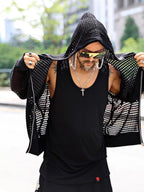 Men's Korean Style Hollow-Out Hooded Cardigan – Oversized Zip-Up Knit Jacket