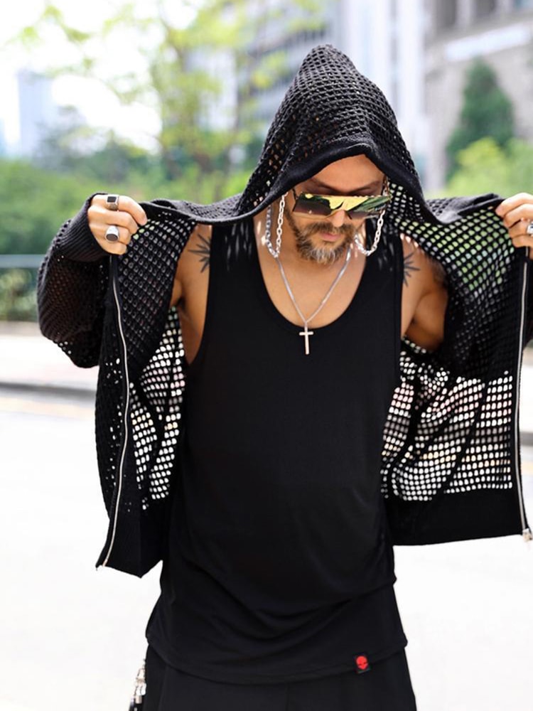 Men's Korean Style Hollow-Out Hooded Cardigan – Oversized Zip-Up Knit Jacket