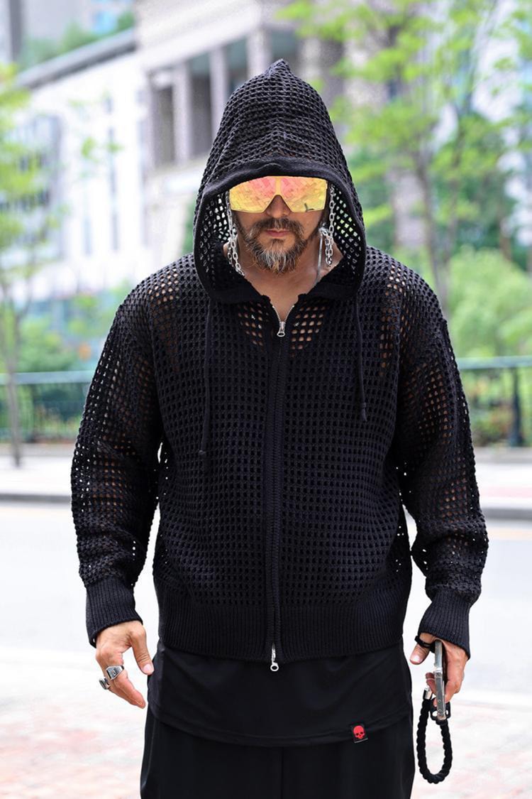 Men's Korean Style Hollow-Out Hooded Cardigan – Oversized Zip-Up Knit Jacket