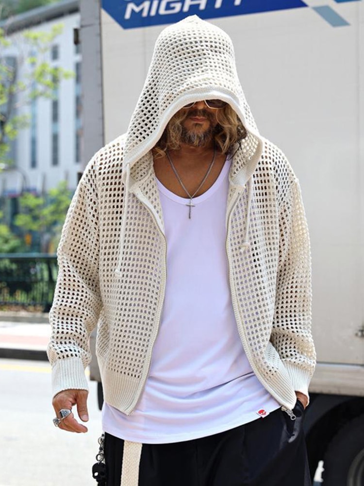 Men's Korean Style Hollow-Out Hooded Cardigan – Oversized Zip-Up Knit Jacket