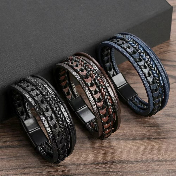 Men's Multi-Layer Braided Bracelet – Vintage Style Leather & Rope Bracelet with Magnetic Clasp