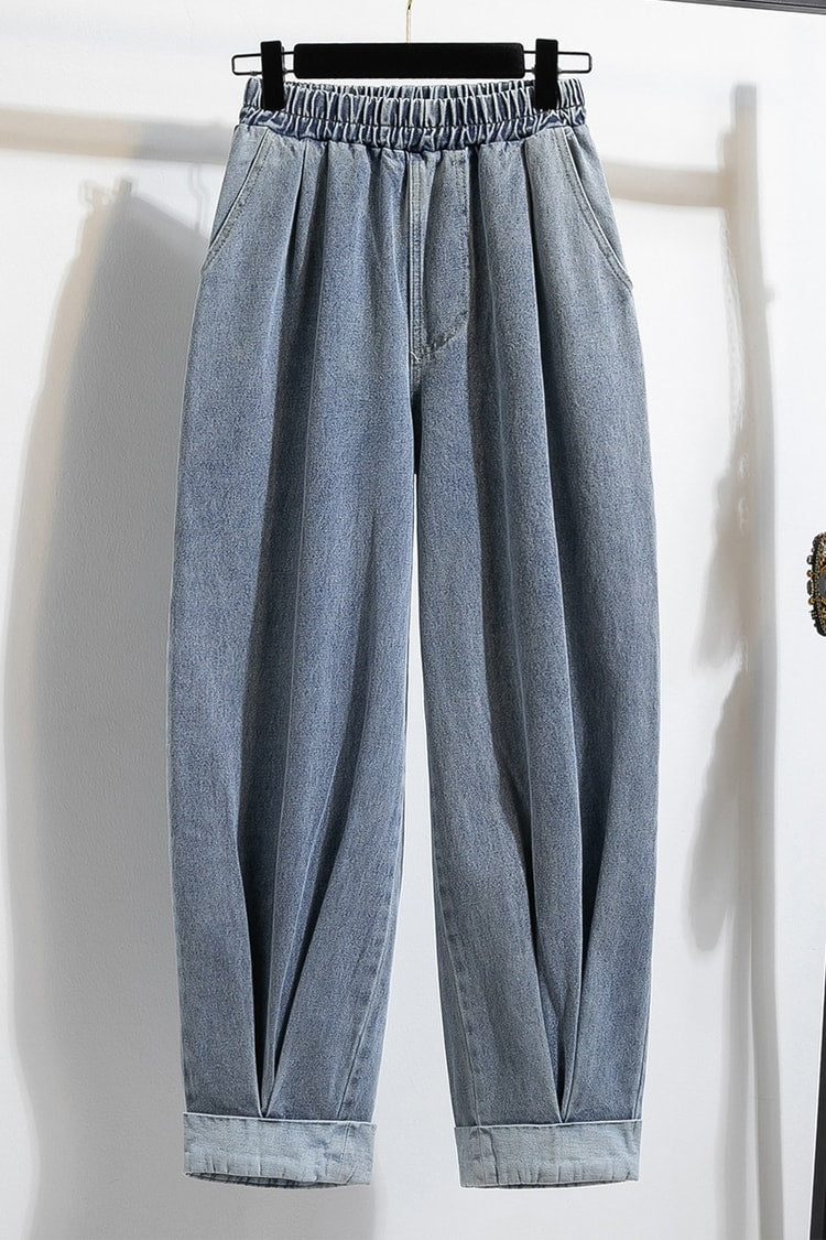 Women's High-Waist Harem Denim Jeans – Korean Style Casual Stretch Pants