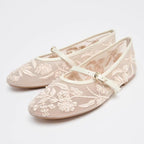 Women's Embroidered Mesh Ballet Flats – Pearl-Inspired Mary Jane Shoes with Round Toe