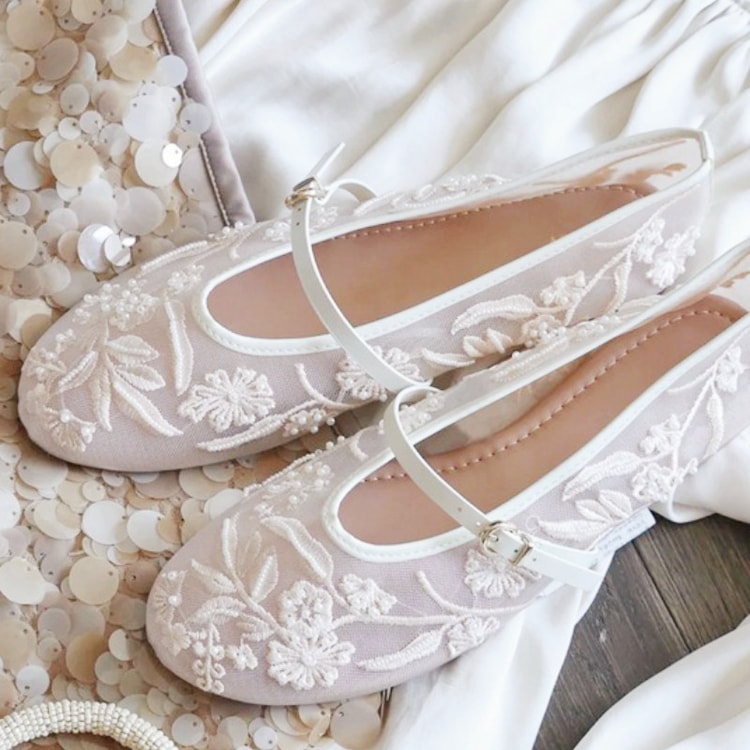 Women's Embroidered Mesh Ballet Flats – Pearl-Inspired Mary Jane Shoes with Round Toe