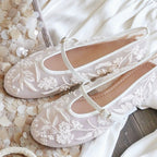 Women's Embroidered Mesh Ballet Flats – Pearl-Inspired Mary Jane Shoes with Round Toe