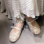 Women's Embroidered Mesh Ballet Flats – Pearl-Inspired Mary Jane Shoes with Round Toe