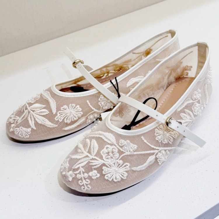Women's Embroidered Mesh Ballet Flats – Pearl-Inspired Mary Jane Shoes with Round Toe