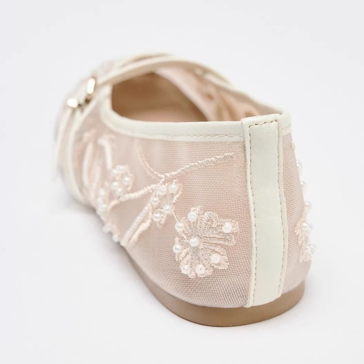 Women's Embroidered Mesh Ballet Flats – Pearl-Inspired Mary Jane Shoes with Round Toe