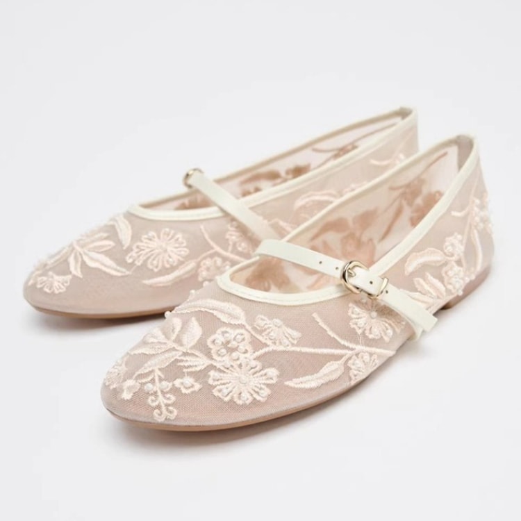 Women's Embroidered Mesh Ballet Flats – Pearl-Inspired Mary Jane Shoes with Round Toe