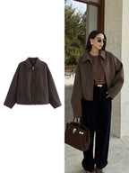 Women's Solid Color Zip Tweed Jacket – Long Sleeve Lapel Casual Coat