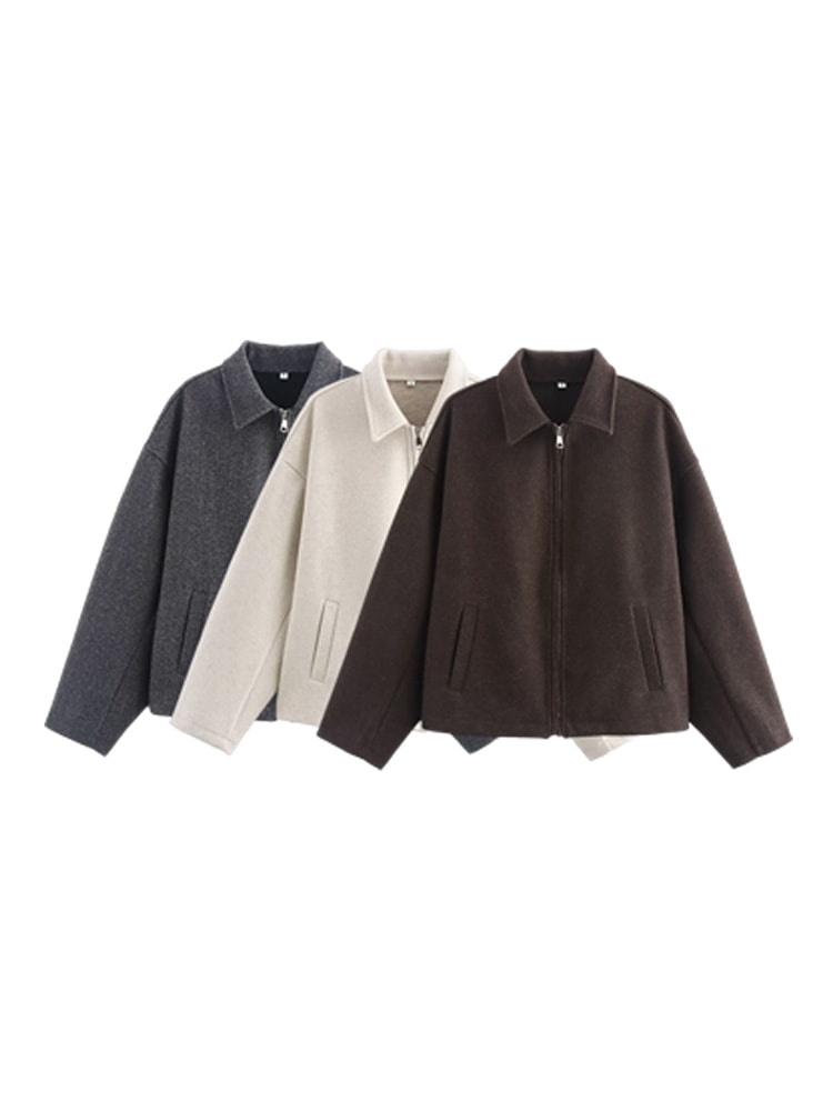 Women's Solid Color Zip Tweed Jacket – Long Sleeve Lapel Casual Coat