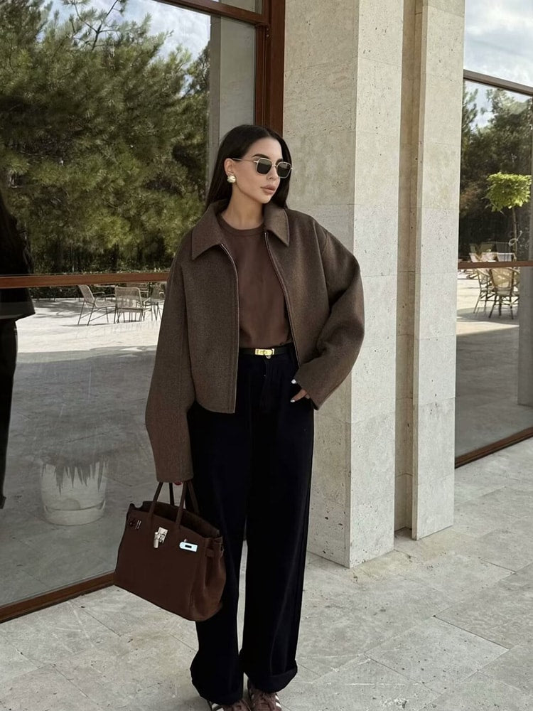 Women's Solid Color Zip Tweed Jacket – Long Sleeve Lapel Casual Coat