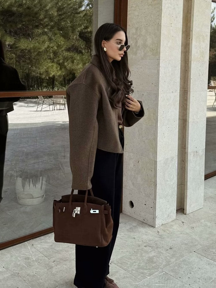 Women's Solid Color Zip Tweed Jacket – Long Sleeve Lapel Casual Coat