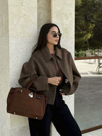 Women's Solid Color Zip Tweed Jacket – Long Sleeve Lapel Casual Coat