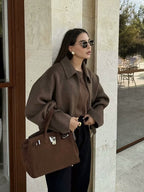 Women's Solid Color Zip Tweed Jacket – Long Sleeve Lapel Casual Coat