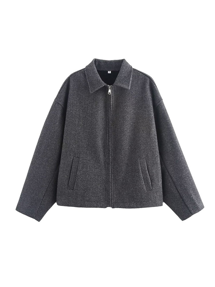 Women's Solid Color Zip Tweed Jacket – Long Sleeve Lapel Casual Coat