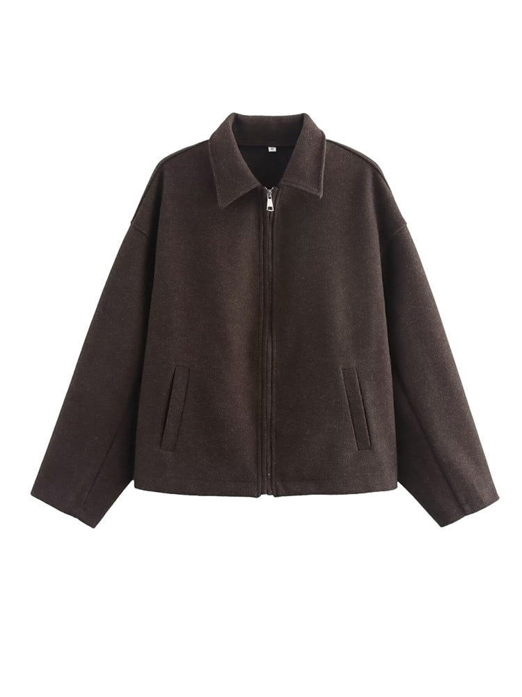 Women's Solid Color Zip Tweed Jacket – Long Sleeve Lapel Casual Coat