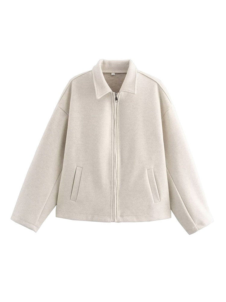 Women's Solid Color Zip Tweed Jacket – Long Sleeve Lapel Casual Coat