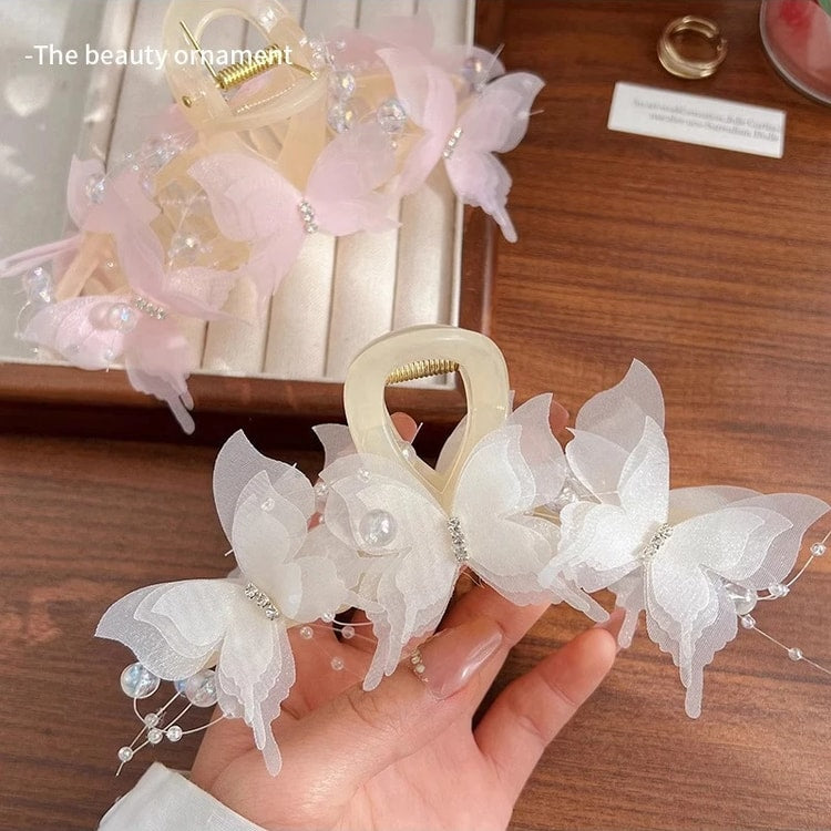 Butterfly Pearl-Inspired Bow Hair Claw Clip – Women's Ponytail Hair Accessory