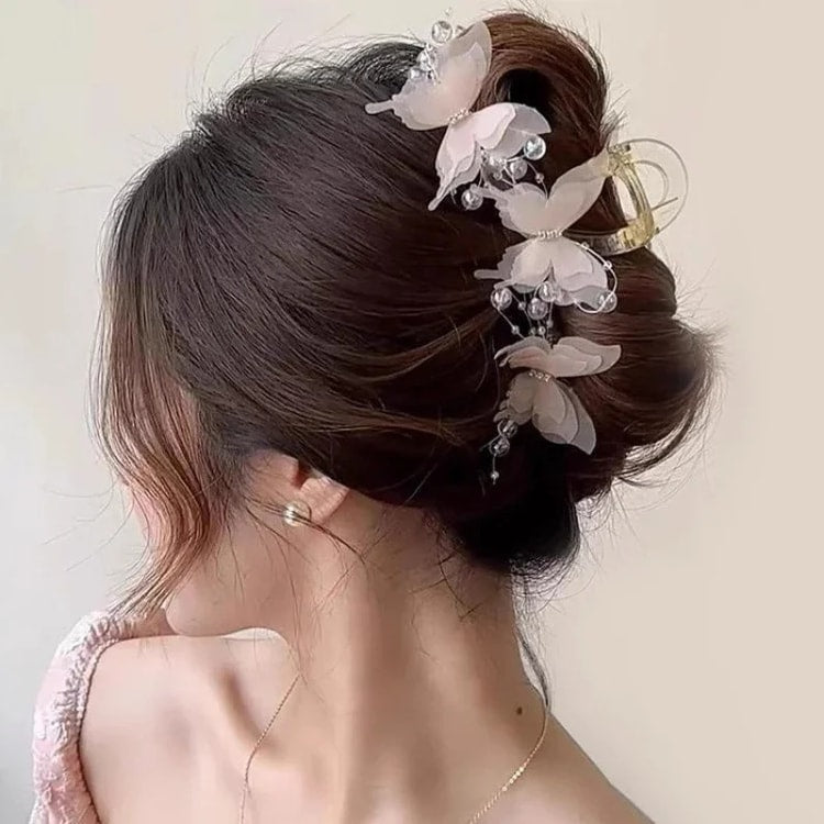 Butterfly Pearl-Inspired Bow Hair Claw Clip – Women's Ponytail Hair Accessory