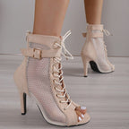 Women's Mesh Cross Strap High Heel Sandals – Lace-Up Peep Toe Pumps