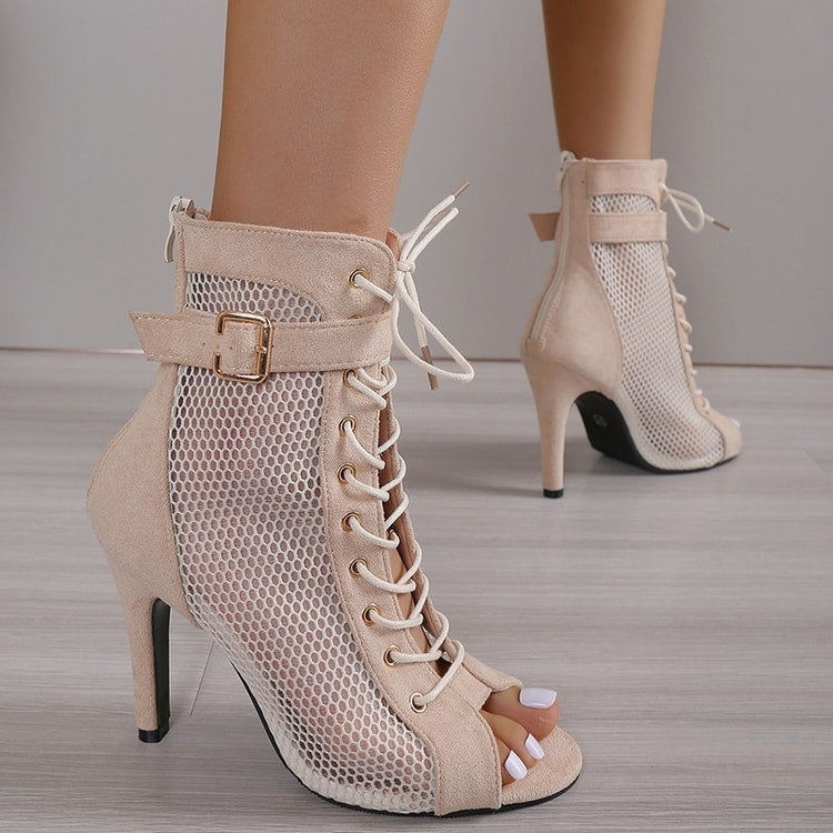 Women's Mesh Cross Strap High Heel Sandals – Lace-Up Peep Toe Pumps