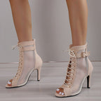 Women's Mesh Cross Strap High Heel Sandals – Lace-Up Peep Toe Pumps
