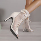 Women's Mesh Cross Strap High Heel Sandals – Lace-Up Peep Toe Pumps