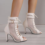 Women's Mesh Cross Strap High Heel Sandals – Lace-Up Peep Toe Pumps