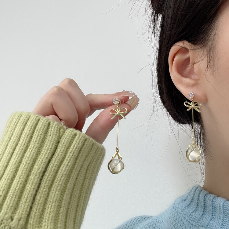 Bow Knot Dangle Earrings with Opal-Inspired Pendant – Women's Fashion Jewelry